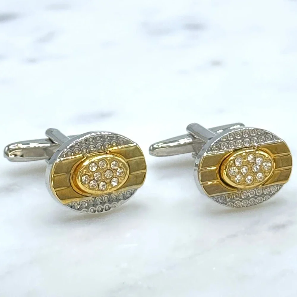 Mens Silver Tone & Gold Tone Clear Rhinestones Oval Bullet Back Cufflinks